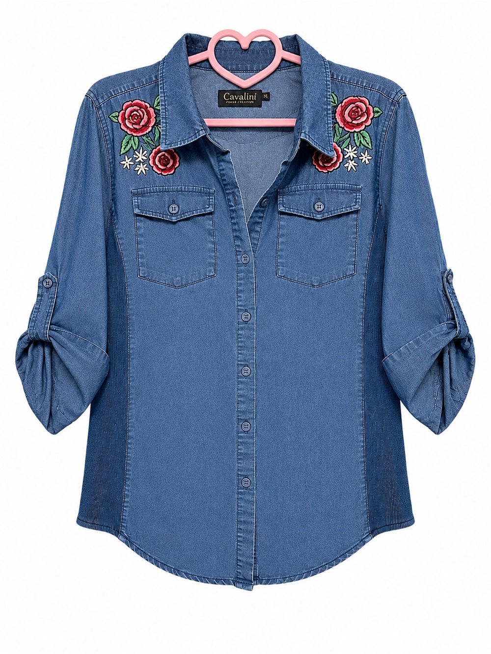 Cavalini Denim Collection Embroidered Floral Button Front Shirt XL